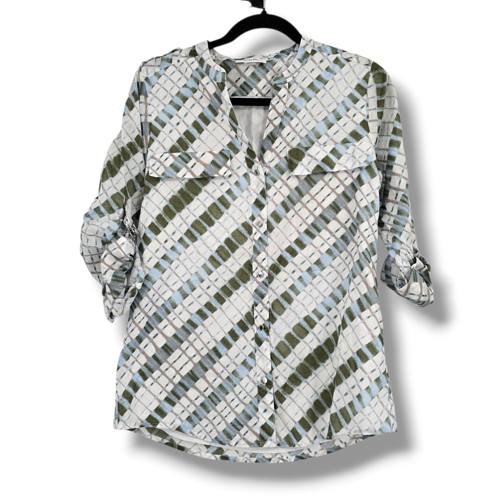 Calvin Klein Womens Green Blue Diagonal Plaid Roll Tab Button Down Shirt Size S